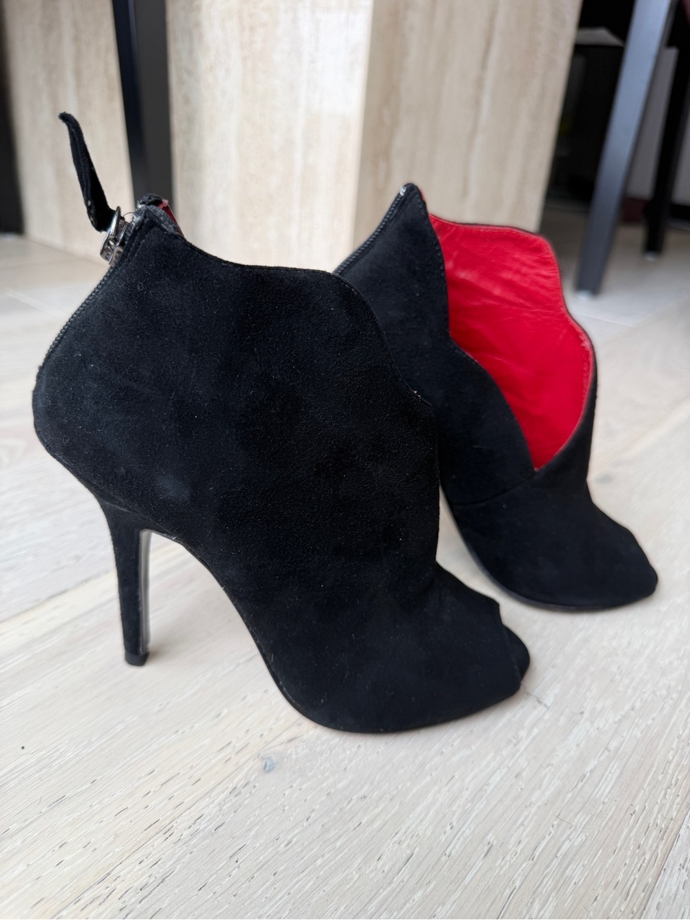 Charles Jourdan Black Suede Peep-Toe Ankle Booties with Red Lining